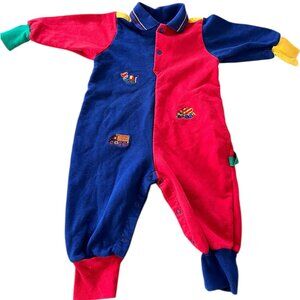Vintage 18m Trucks Machines Color Block One Piece Romper Jumper Primary 80s 90s